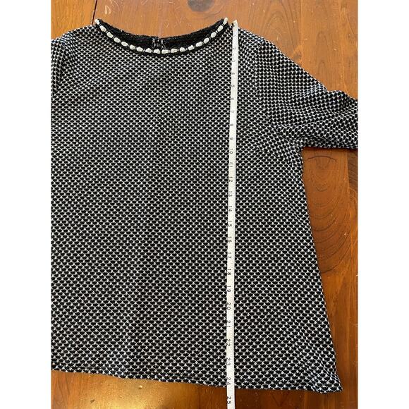 Elle Womens XL Pearl Embellished Blouse 3/4 Sleeve Collar Black White Pattern - Picture 10 of 11